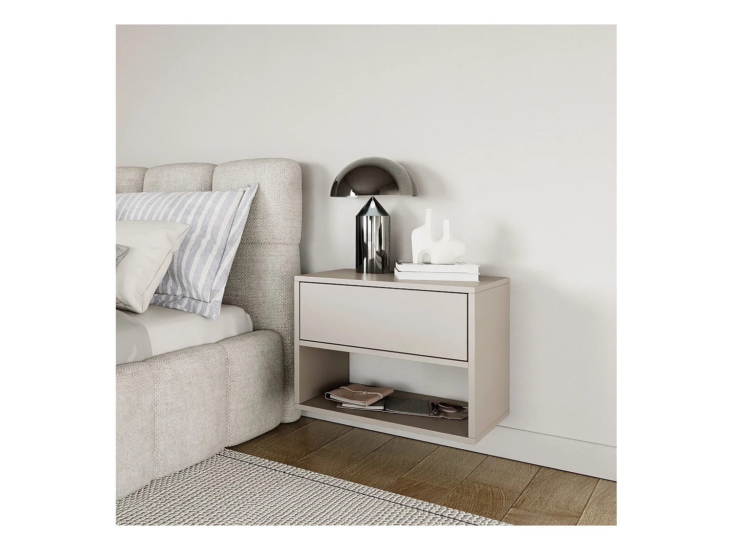 Table de chevet suspendue – avec tiroir et niche – gris cachemire – 50 cm – FRAMME