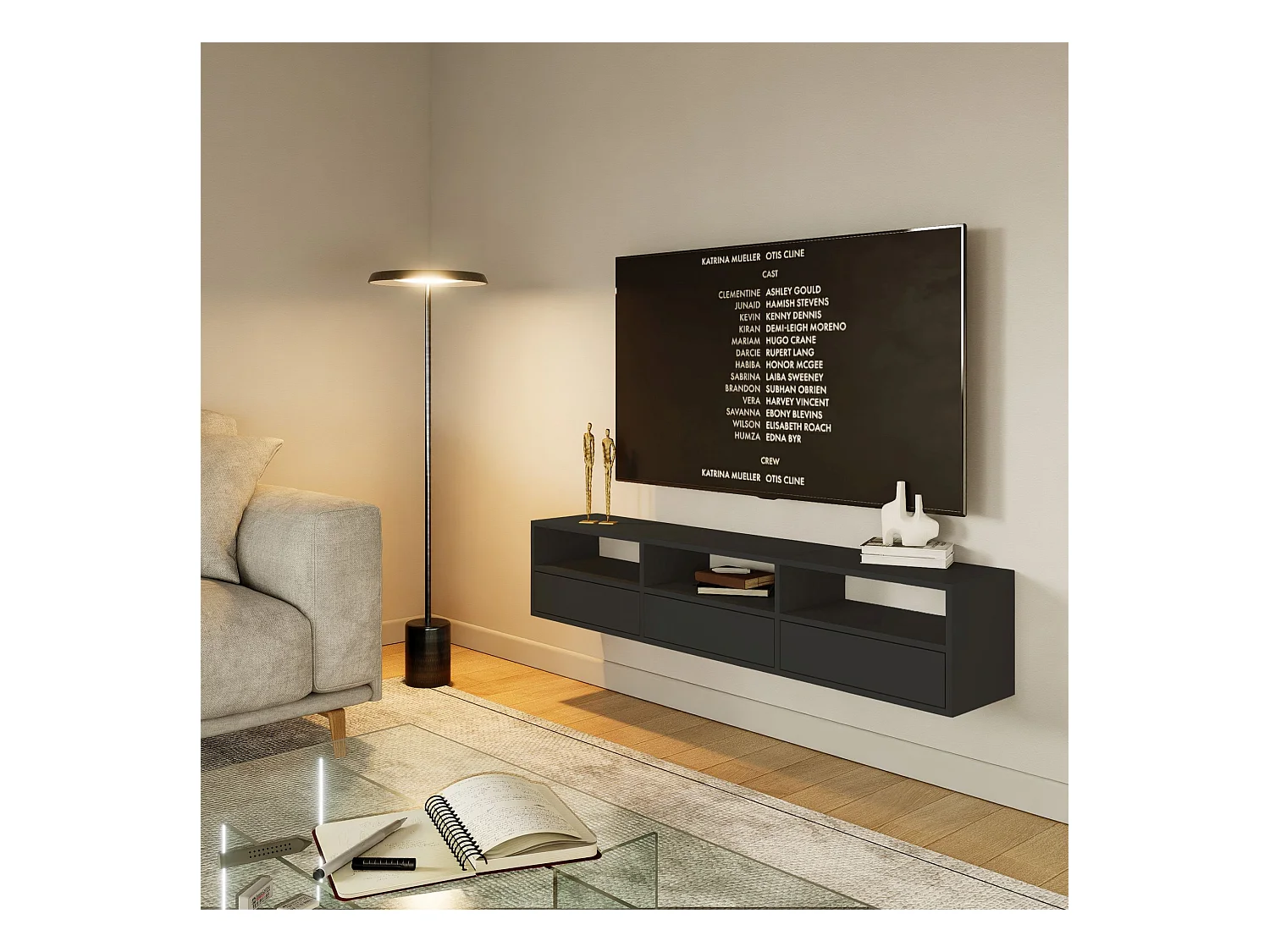 Mobile TV con 3 ante e ripiani – nero – 150 cm – FRAMME