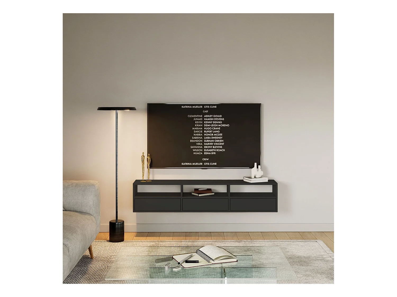 Meuble TV avec 3 abattants et étagères – noir – 150 cm – FRAMME