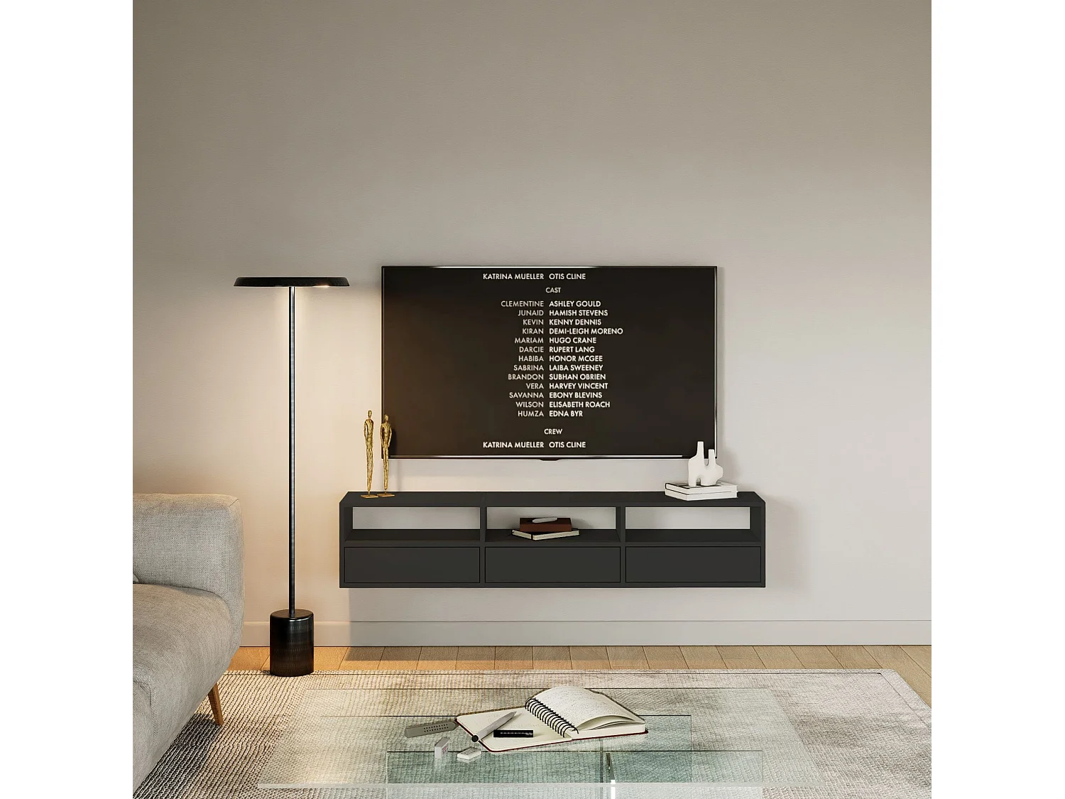 Meuble TV avec 3 abattants et étagères – noir – 150 cm – FRAMME