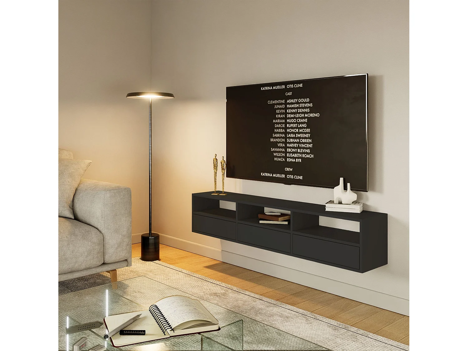 Mobile TV con 3 ante e ripiani – nero – 150 cm – FRAMME