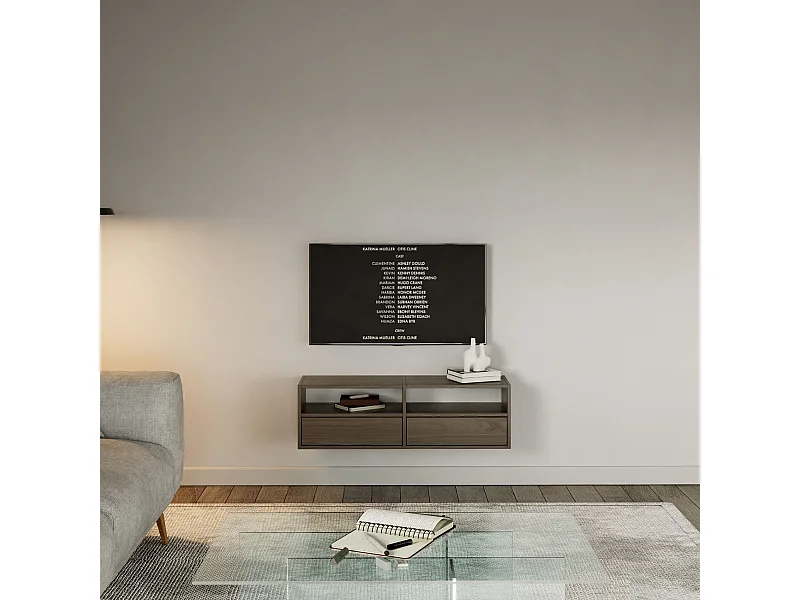 Meuble TV avec 2 abattants et étagères – aspect noyer – 100 cm – FRAMME