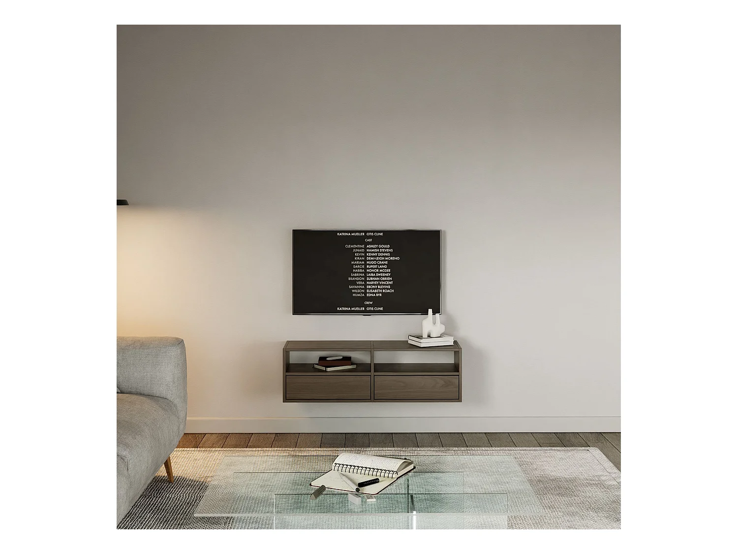 Meuble TV avec 2 abattants et étagères – aspect noyer – 100 cm – FRAMME