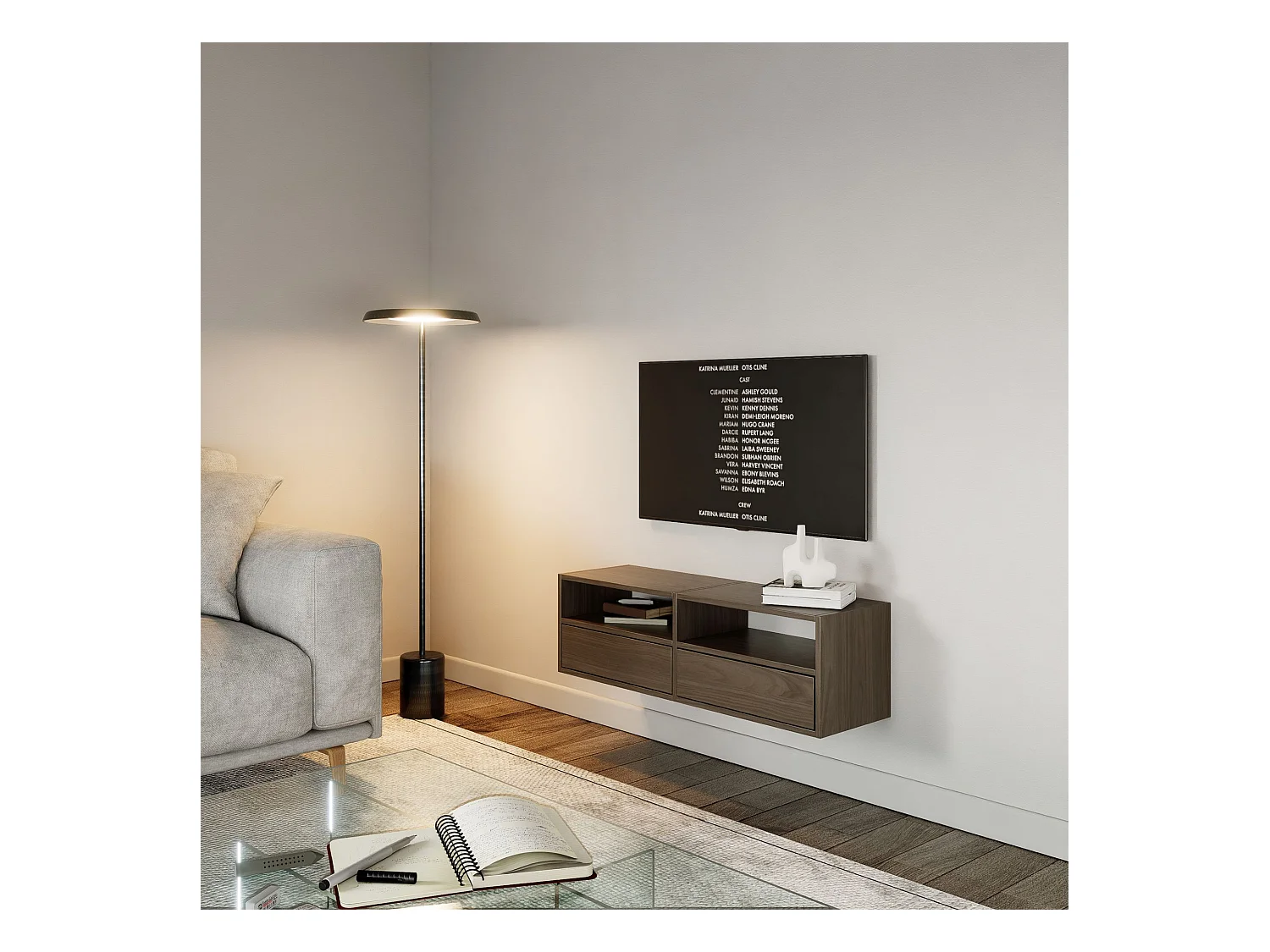 Meuble TV avec 2 abattants et étagères – aspect noyer – 100 cm – FRAMME