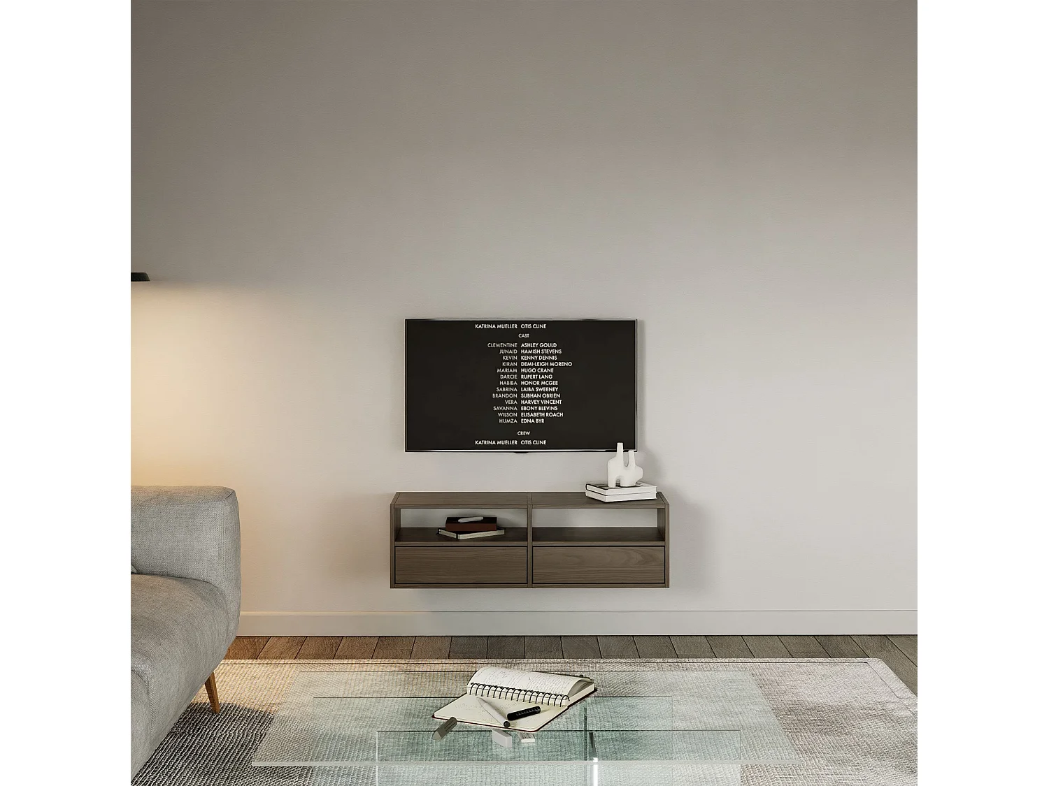 Meuble TV avec 2 abattants et étagères – aspect noyer – 100 cm – FRAMME