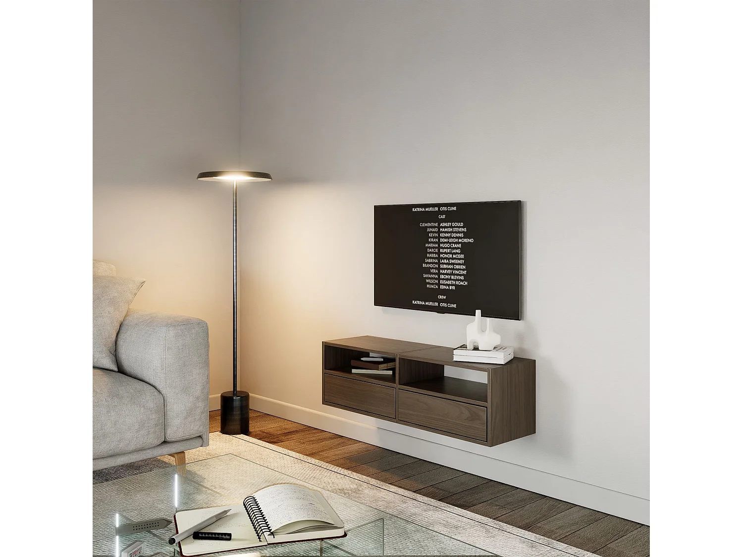 Meuble TV avec 2 abattants et étagères – aspect noyer – 100 cm – FRAMME