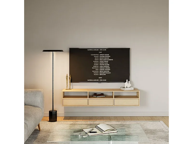 TV-meubel met 3 kleppen en vakken – houtlook eiken – 150 cm – FRAMME