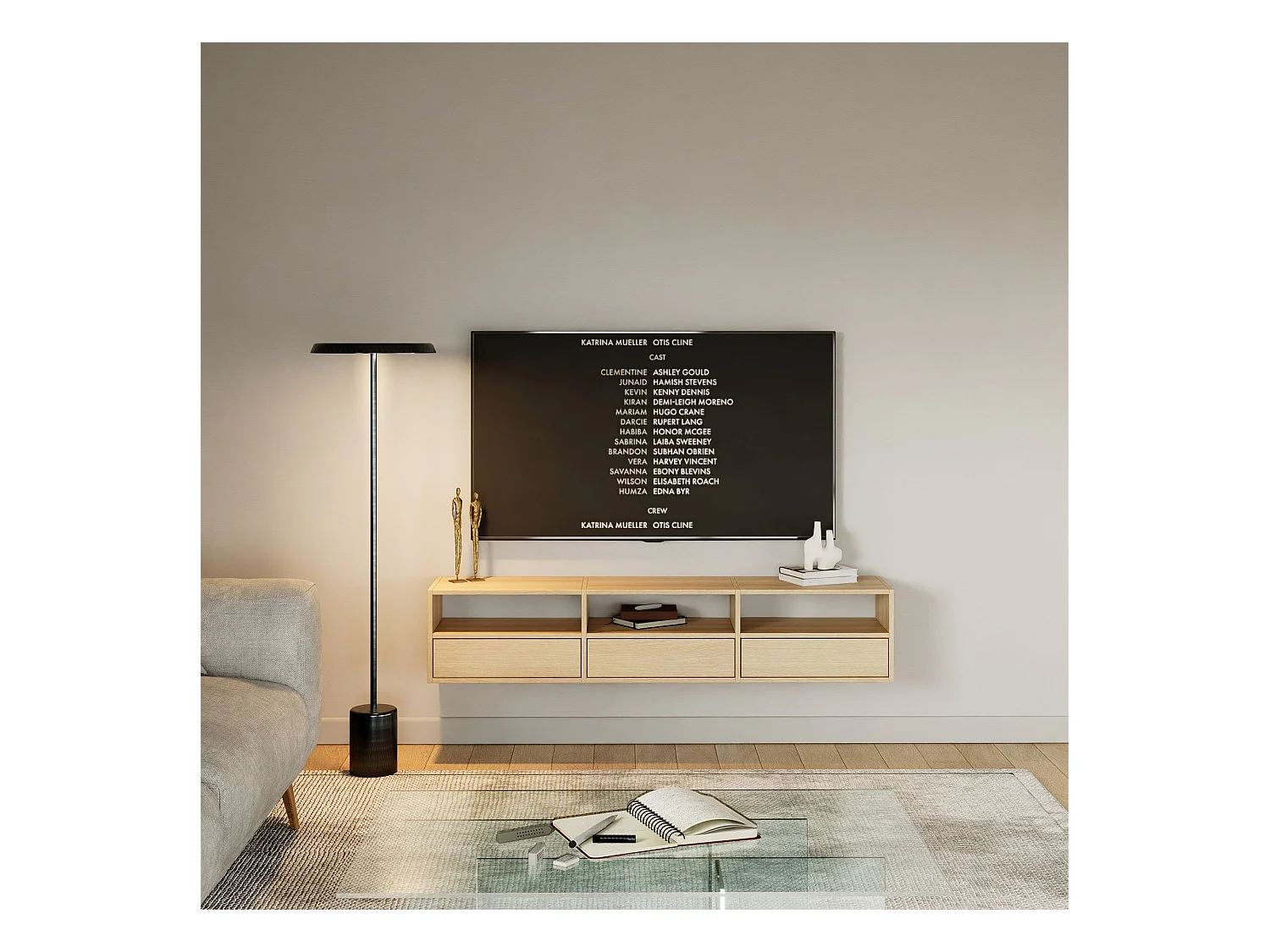 Meuble TV avec 3 abattants et étagères – aspect chêne – 150 cm – FRAMME