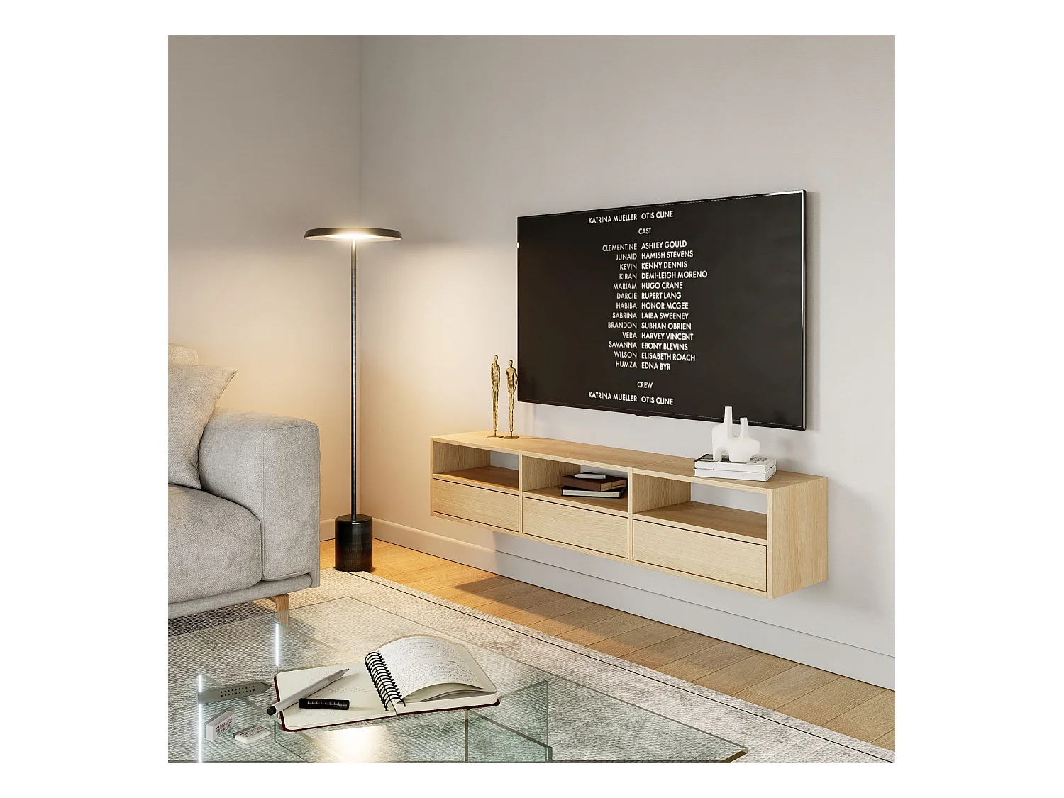 Meuble TV avec 3 abattants et étagères – aspect chêne – 150 cm – FRAMME