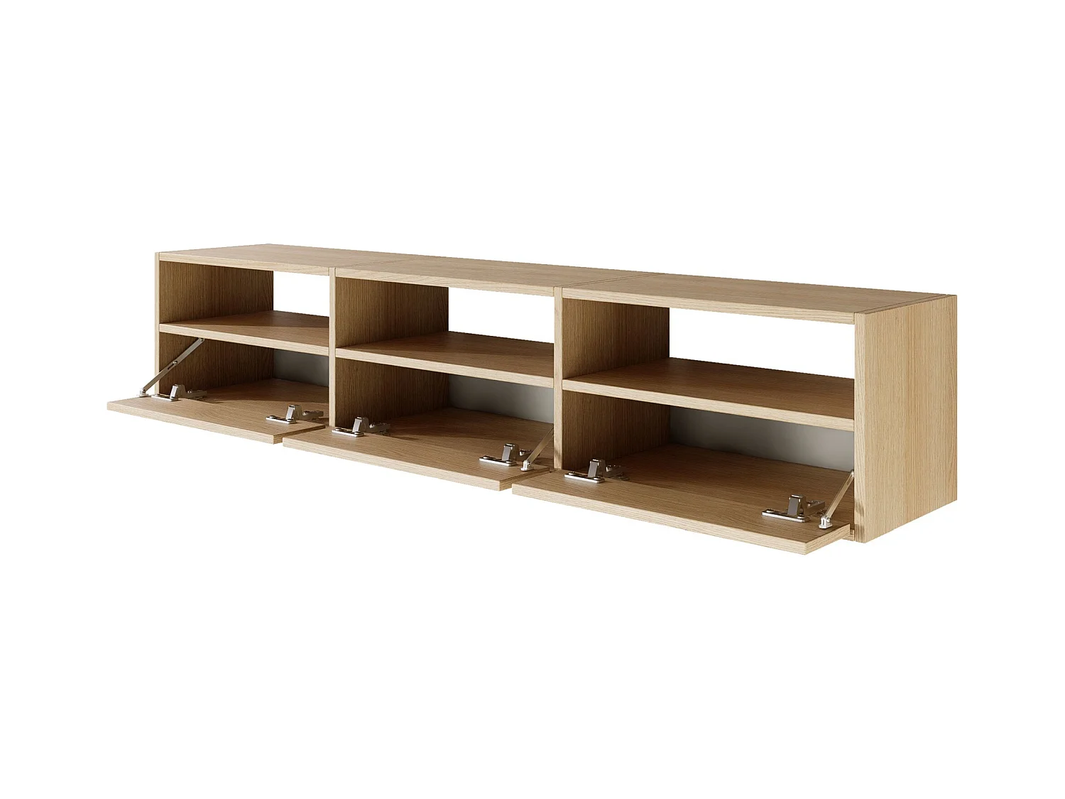 Meuble TV avec 3 abattants et étagères – aspect chêne – 150 cm – FRAMME