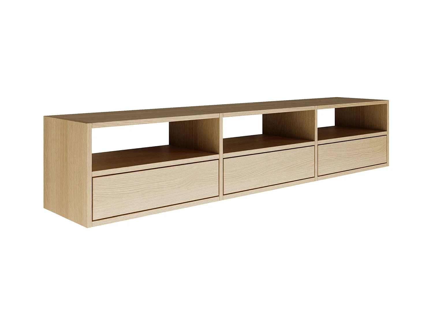 Meuble TV avec 3 abattants et étagères – aspect chêne – 150 cm – FRAMME