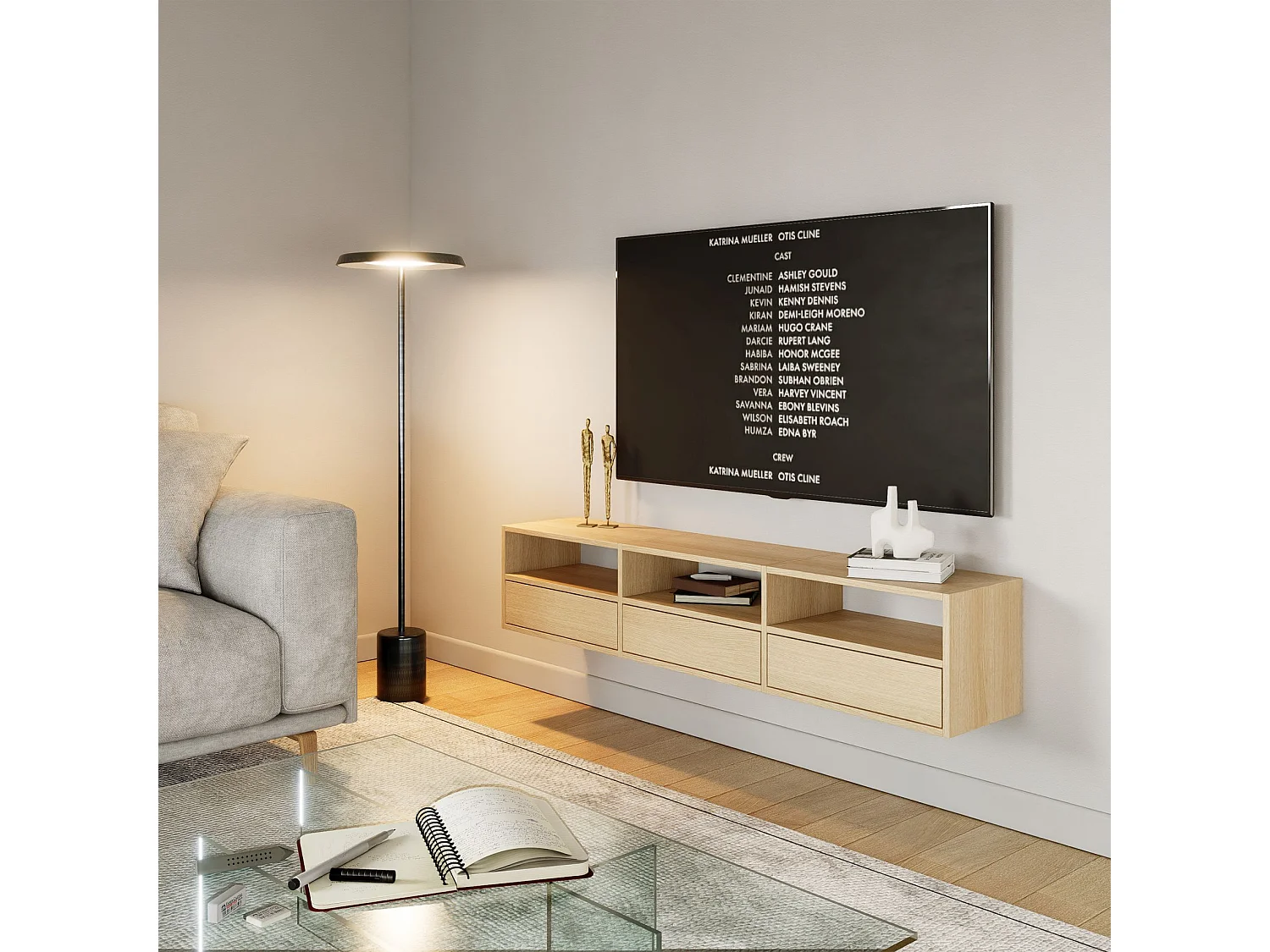 Meuble TV avec 3 abattants et étagères – aspect chêne – 150 cm – FRAMME