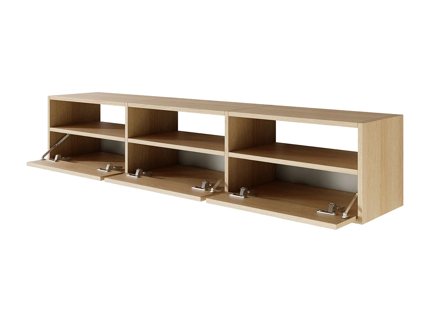 Meuble TV avec 3 abattants et étagères – aspect chêne – 150 cm – FRAMME