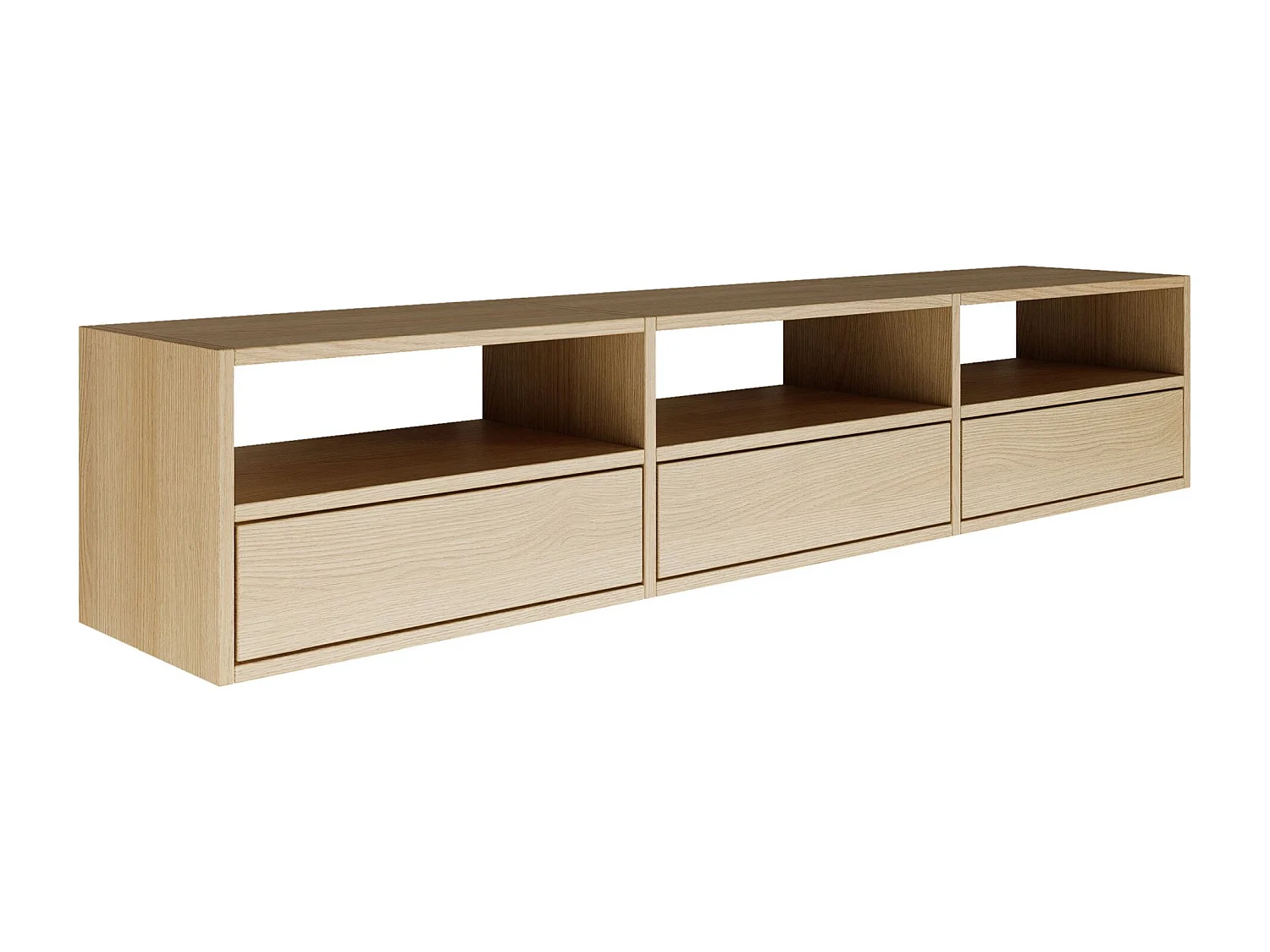 Meuble TV avec 3 abattants et étagères – aspect chêne – 150 cm – FRAMME