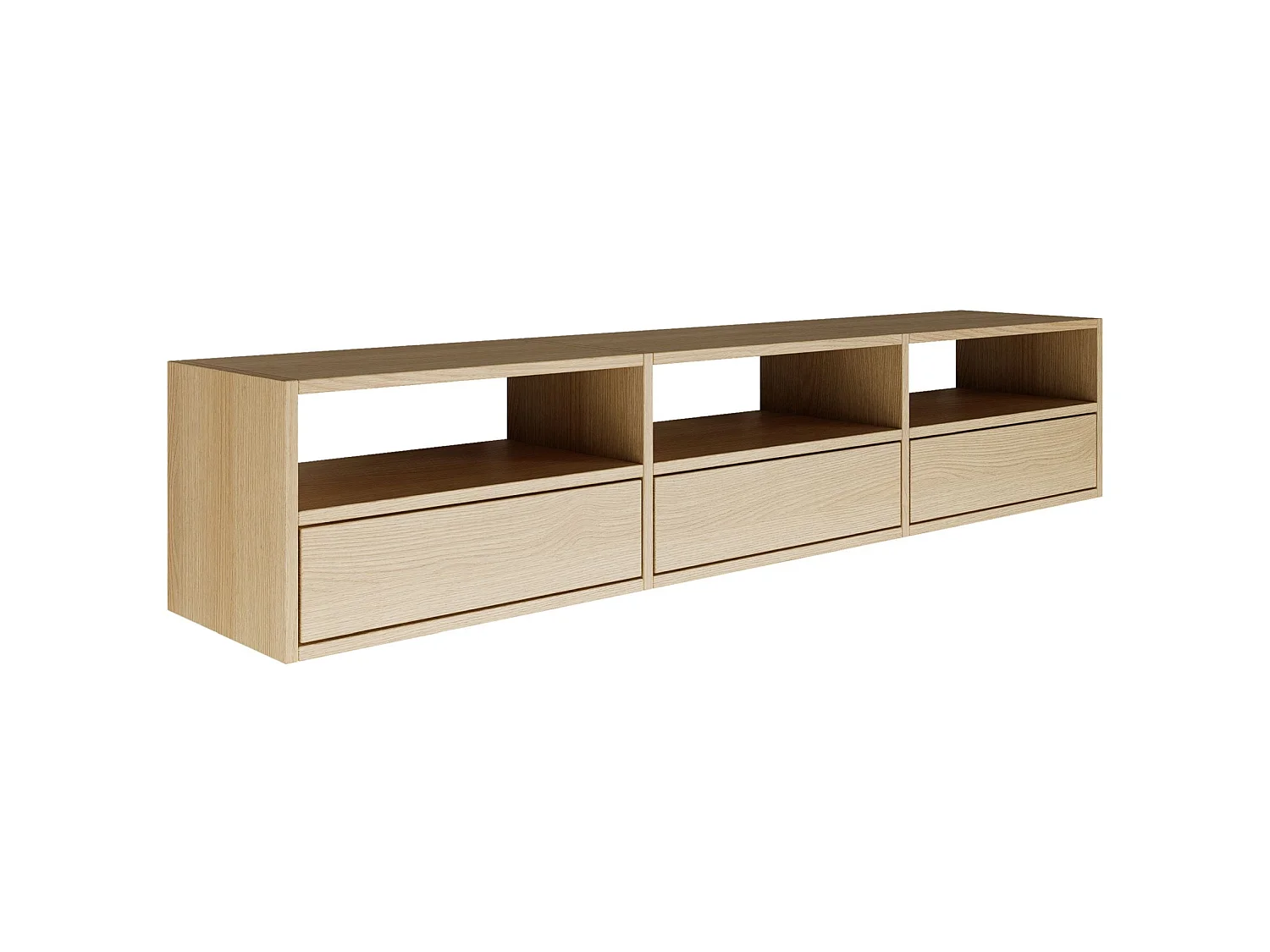Meuble TV avec 3 abattants et étagères – aspect chêne – 150 cm – FRAMME