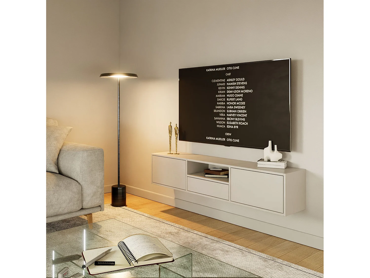 Meuble TV avec 3 abattants et une étagère – gris cachemire – 150 cm – FRAMME