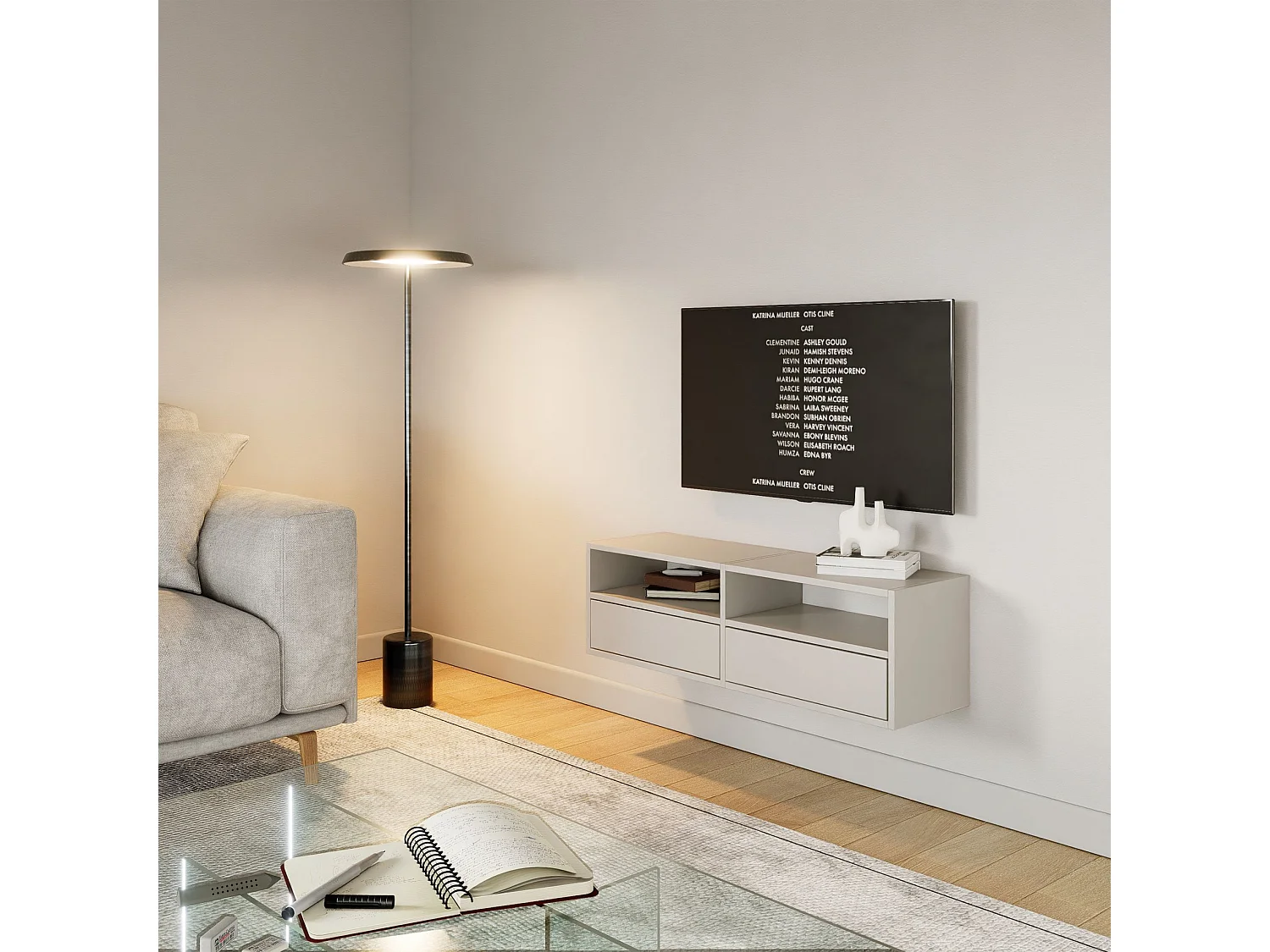 Meuble TV avec 2 abattants et étagères – gris cachemire – 100 cm – FRAMME