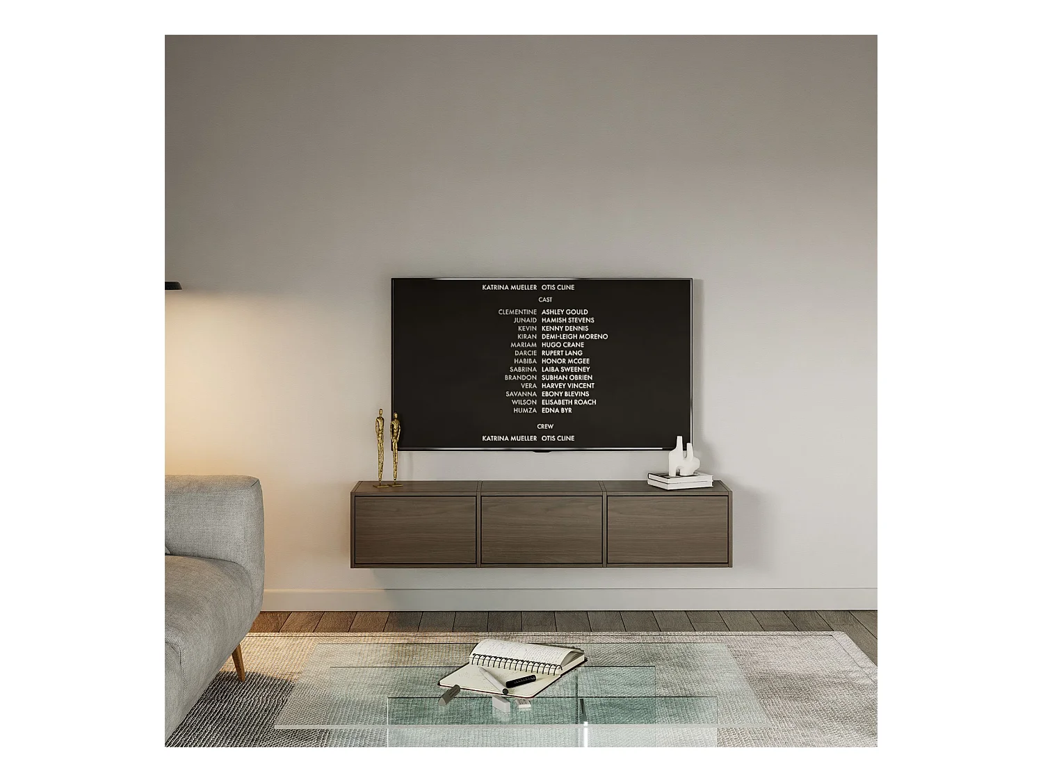 Meuble TV avec 3 abattants – aspect noyer – 150 cm – FRAMME