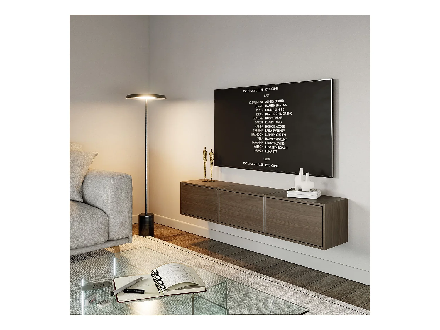 Meuble TV avec 3 abattants – aspect noyer – 150 cm – FRAMME