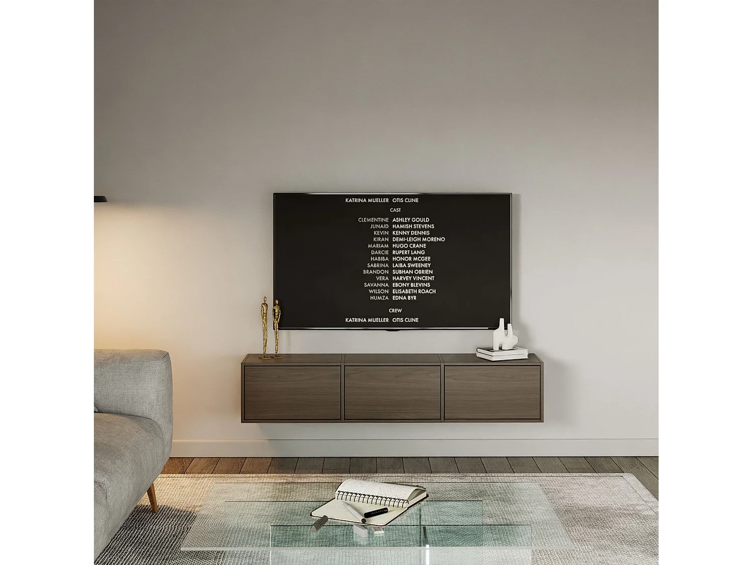 Meuble TV avec 3 abattants – aspect noyer – 150 cm – FRAMME