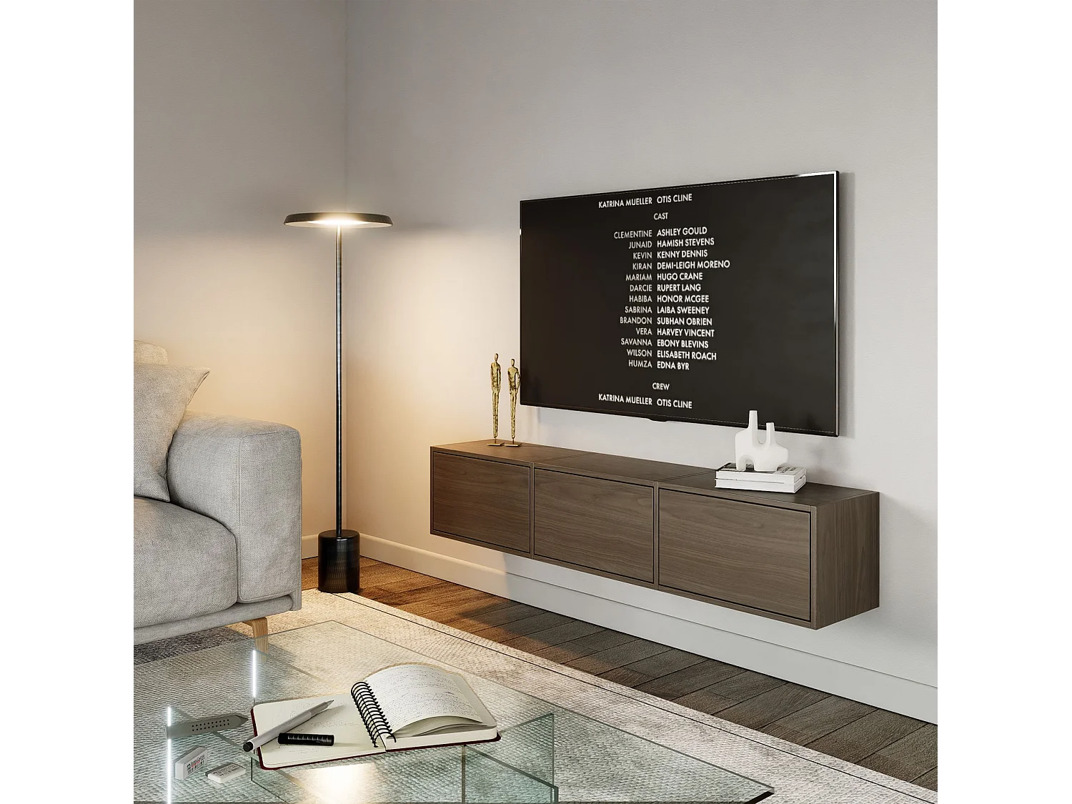 Meuble TV avec 3 abattants – aspect noyer – 150 cm – FRAMME