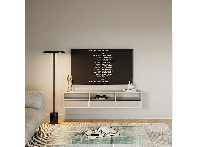 Meuble TV avec 3 abattants et étagères – gris cachemire – 150 cm – FRAMME