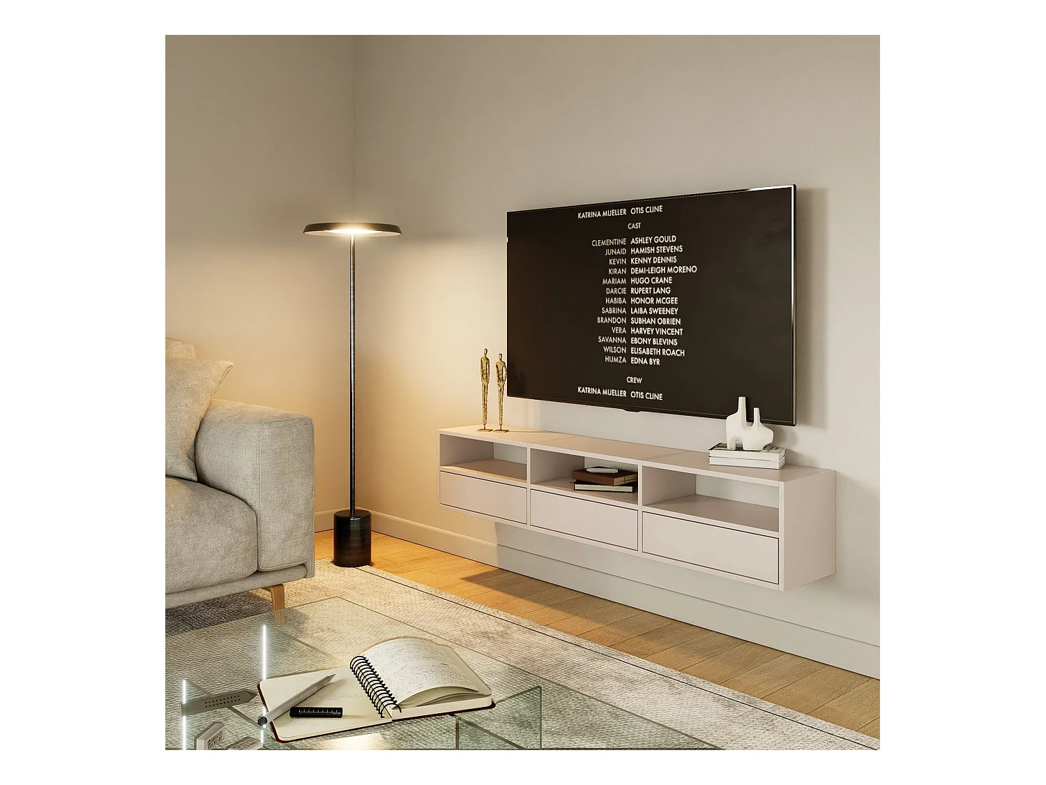 TV-meubel met 3 kleppen en vakken – kasjmier grijs – 150 cm – FRAMME