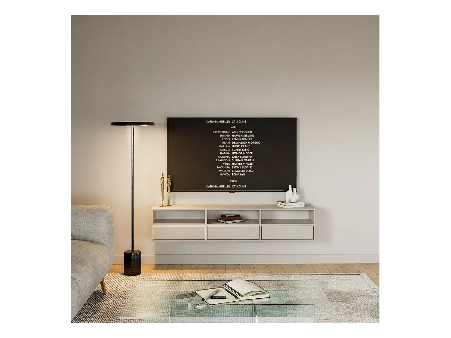 Meuble TV avec 3 abattants et étagères – gris cachemire – 150 cm – FRAMME