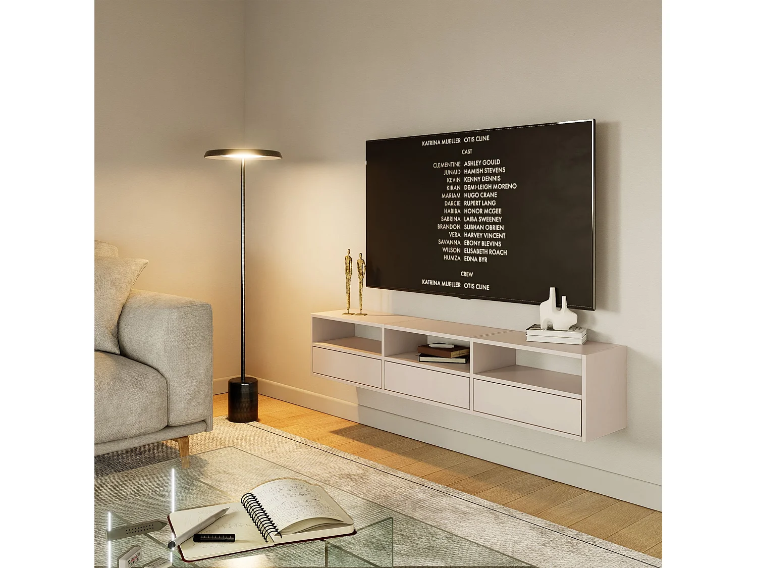 Meuble TV avec 3 abattants et étagères – gris cachemire – 150 cm – FRAMME