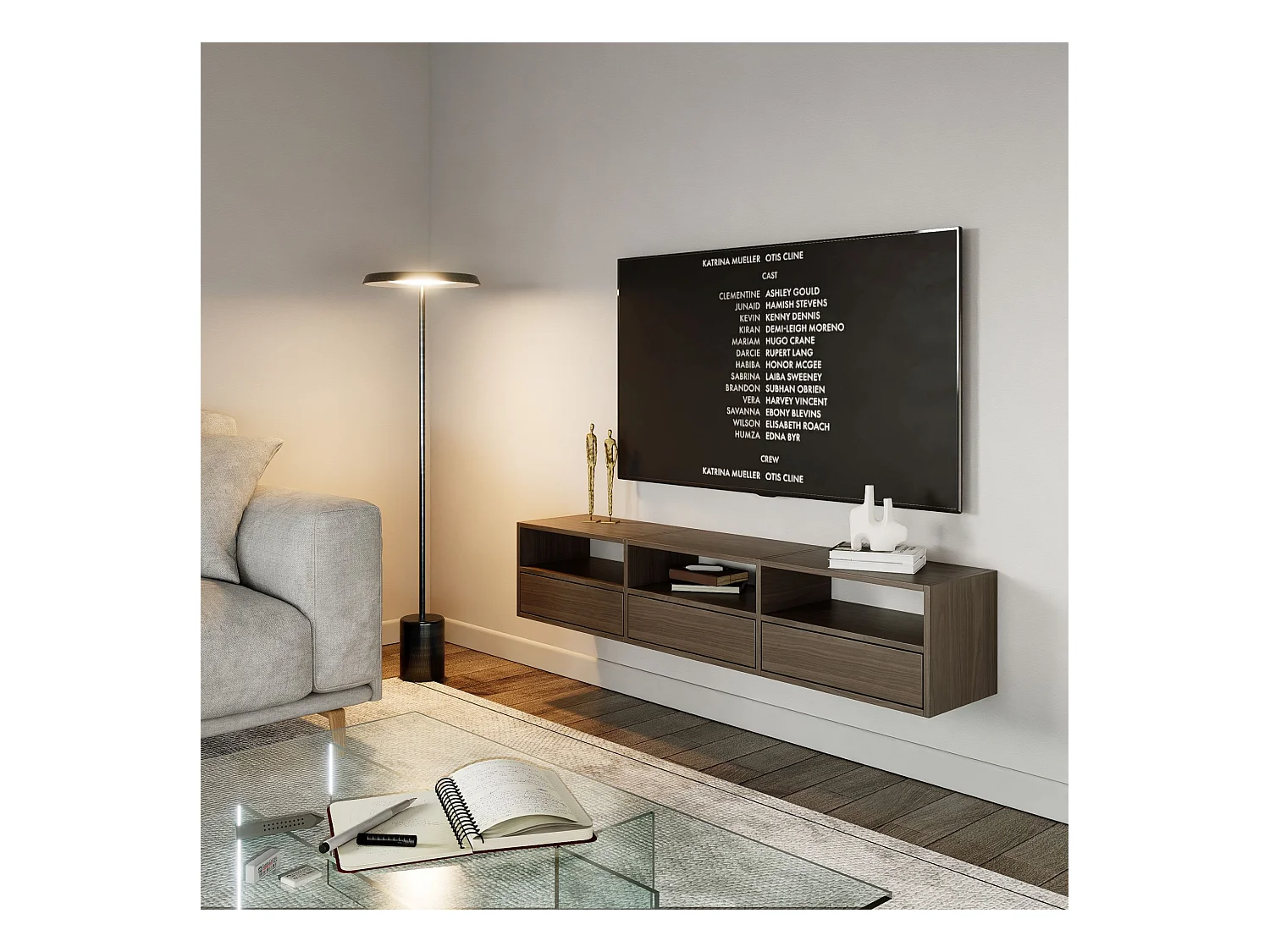 Meuble TV avec 3 abattants et étagères – aspect noyer – 150 cm – FRAMME