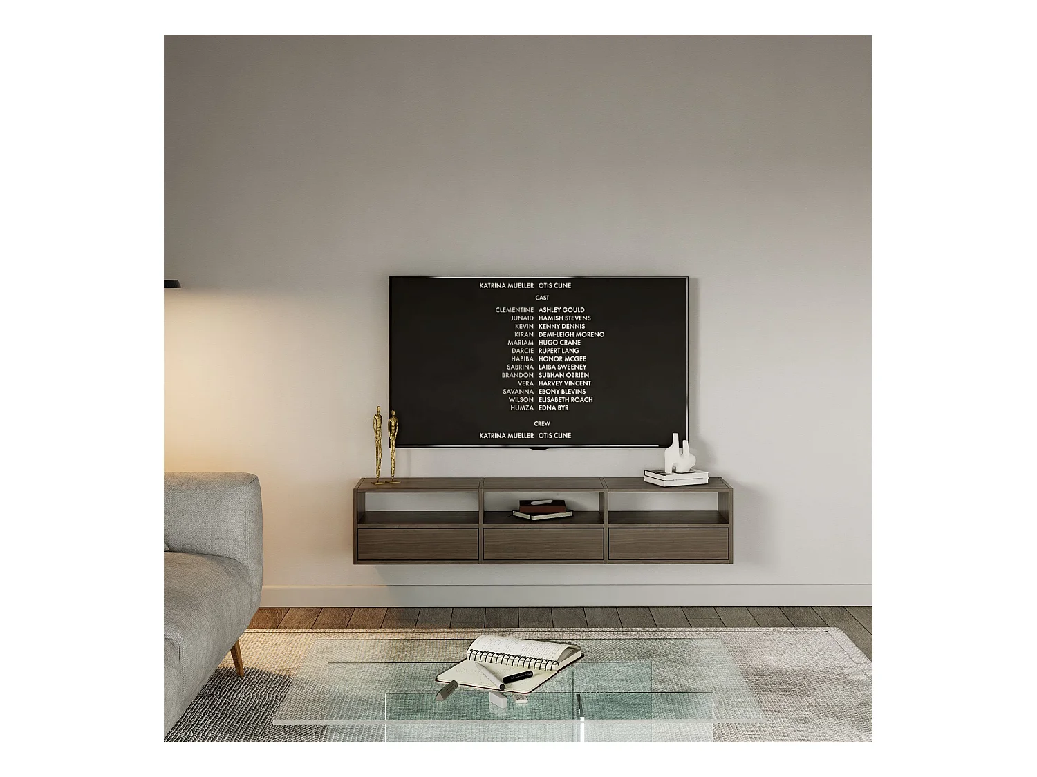 Meuble TV avec 3 abattants et étagères – aspect noyer – 150 cm – FRAMME