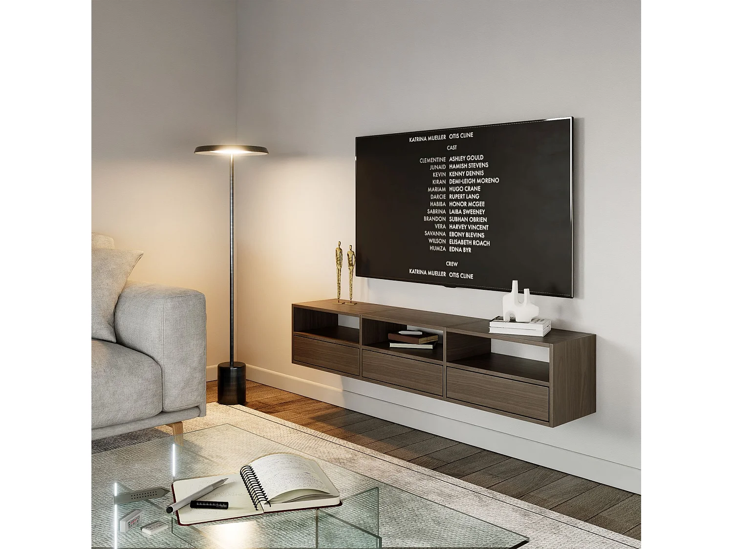 Meuble TV avec 3 abattants et étagères – aspect noyer – 150 cm – FRAMME