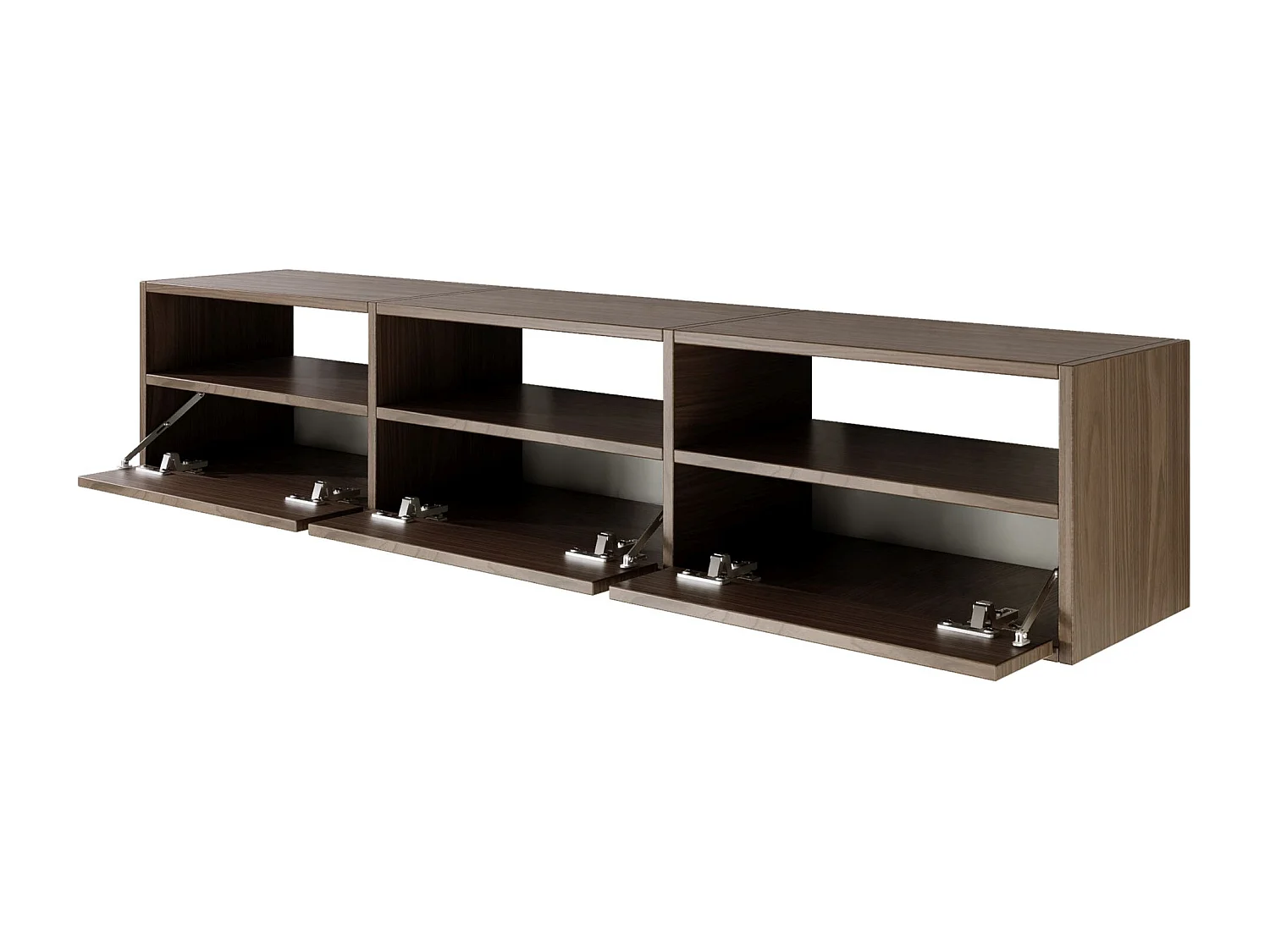 Meuble TV avec 3 abattants et étagères – aspect noyer – 150 cm – FRAMME