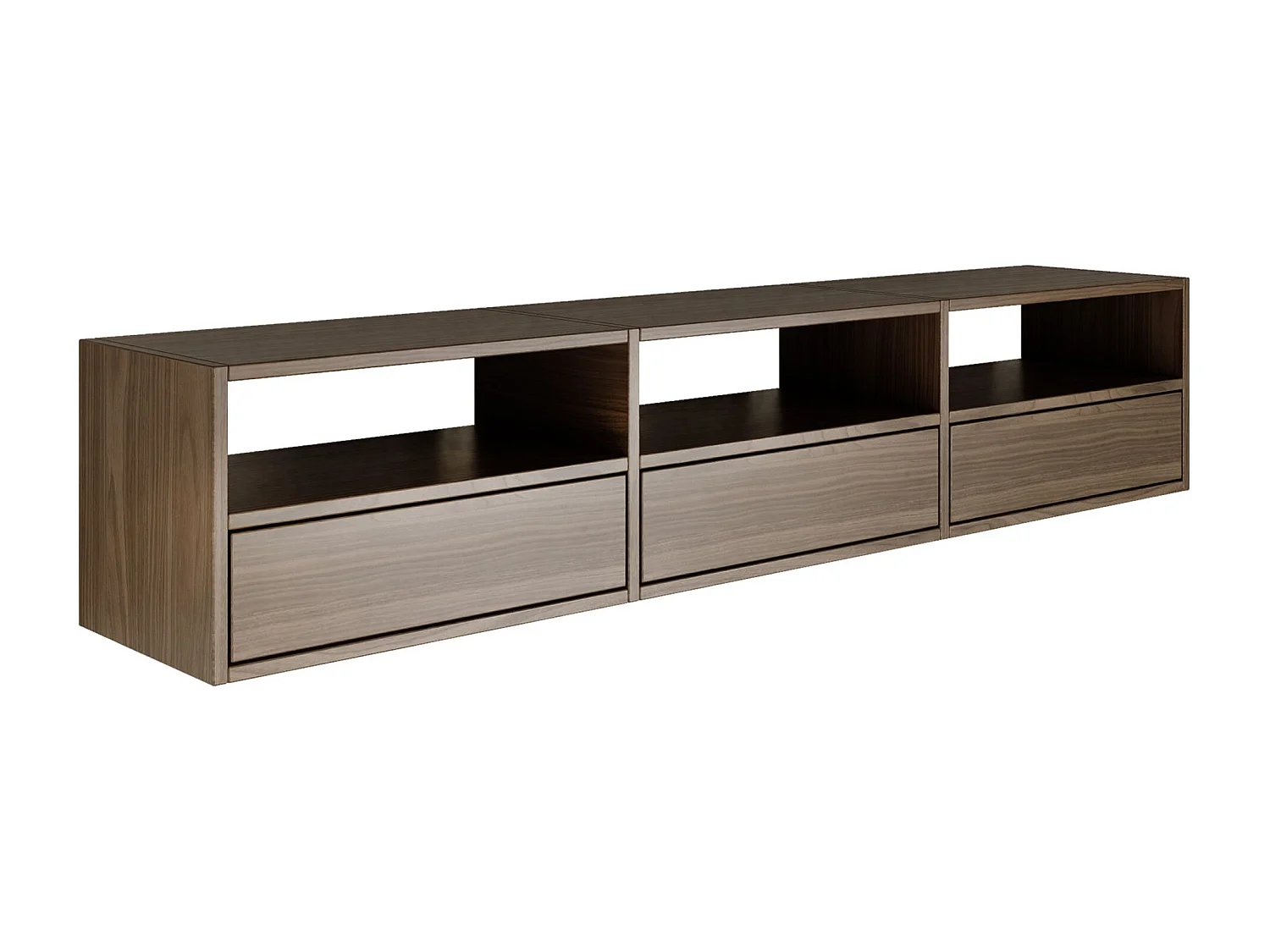 Meuble TV avec 3 abattants et étagères – aspect noyer – 150 cm – FRAMME