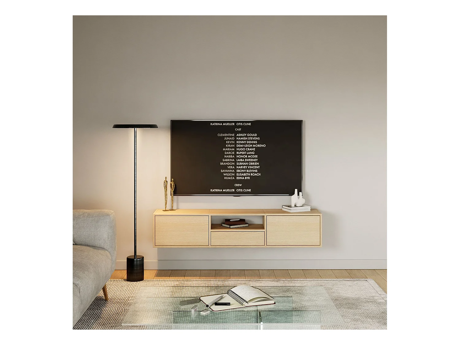 Meuble TV avec 3 abattants et une étagère – aspect chêne – 150 cm – FRAMME