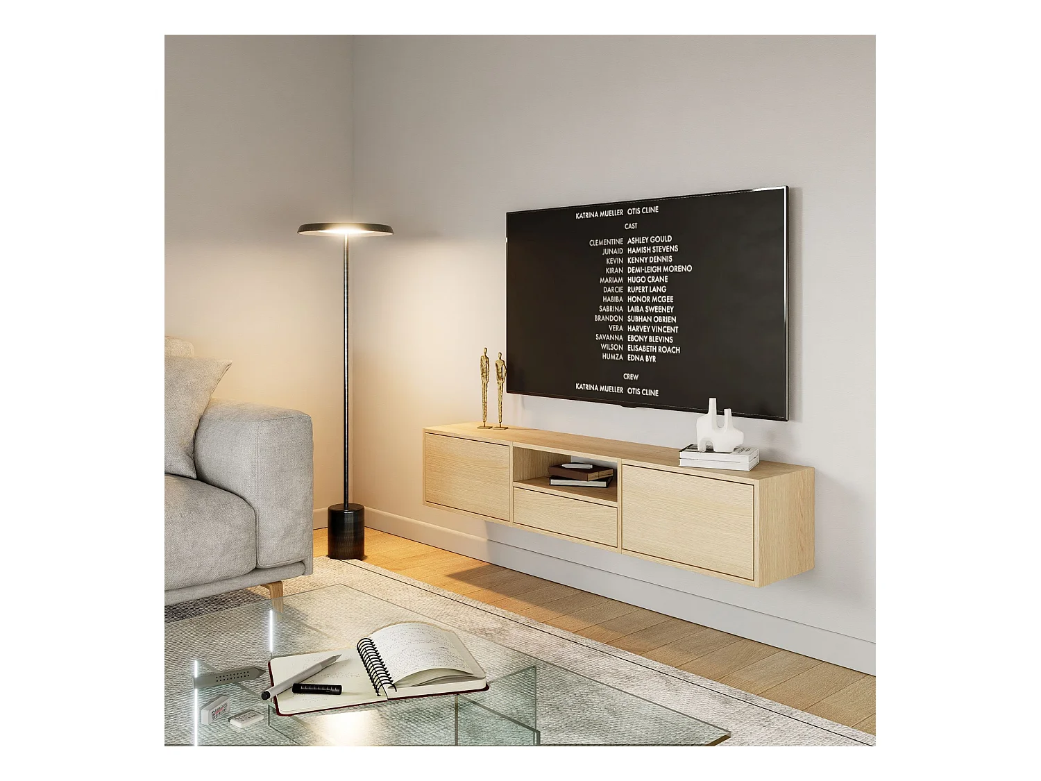 Meuble TV avec 3 abattants et une étagère – aspect chêne – 150 cm – FRAMME