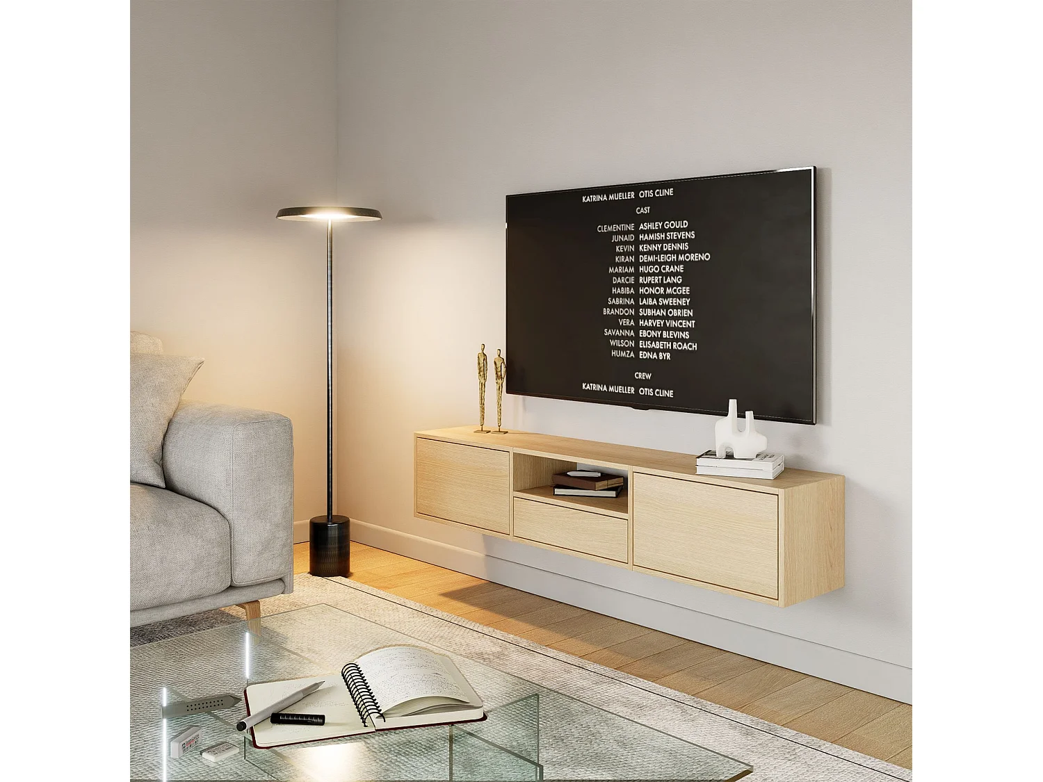 Meuble TV avec 3 abattants et une étagère – aspect chêne – 150 cm – FRAMME