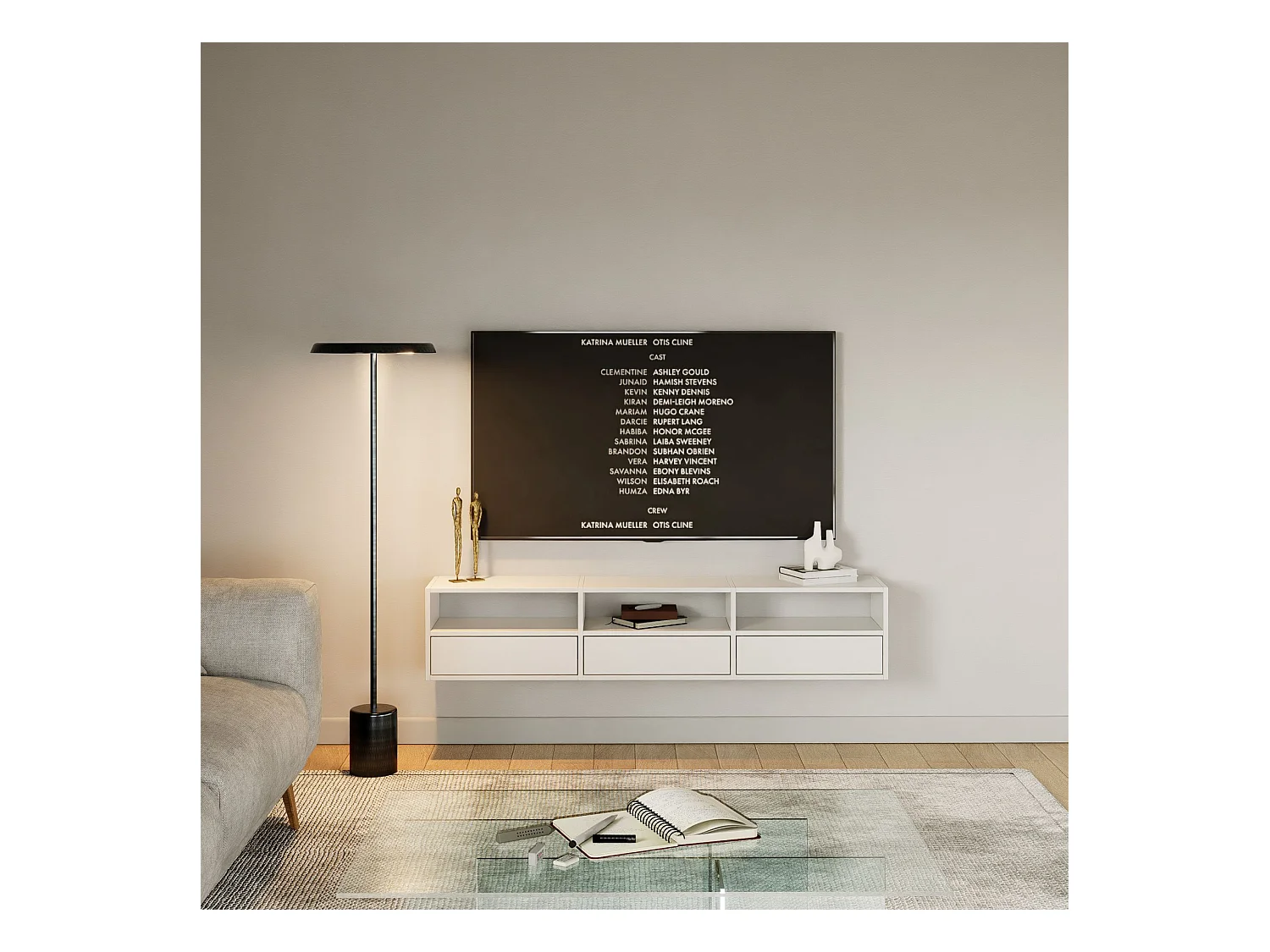 TV-meubel met 3 kleppen en vakken – wit – 150 cm – FRAMME