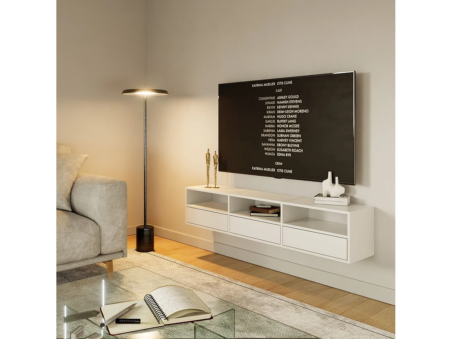 Meuble TV avec 3 abattants et étagères – blanc – 150 cm – FRAMME