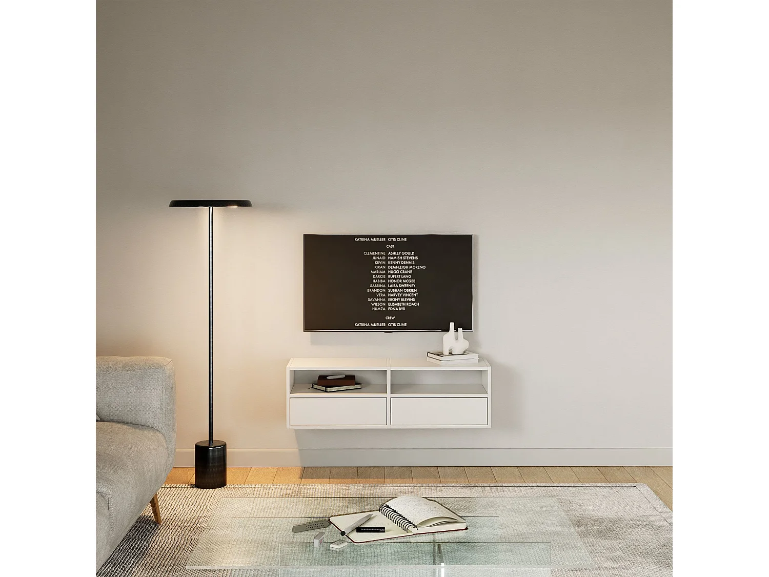 Meuble TV avec 2 abattants et étagères – blanc – 100 cm – FRAMME