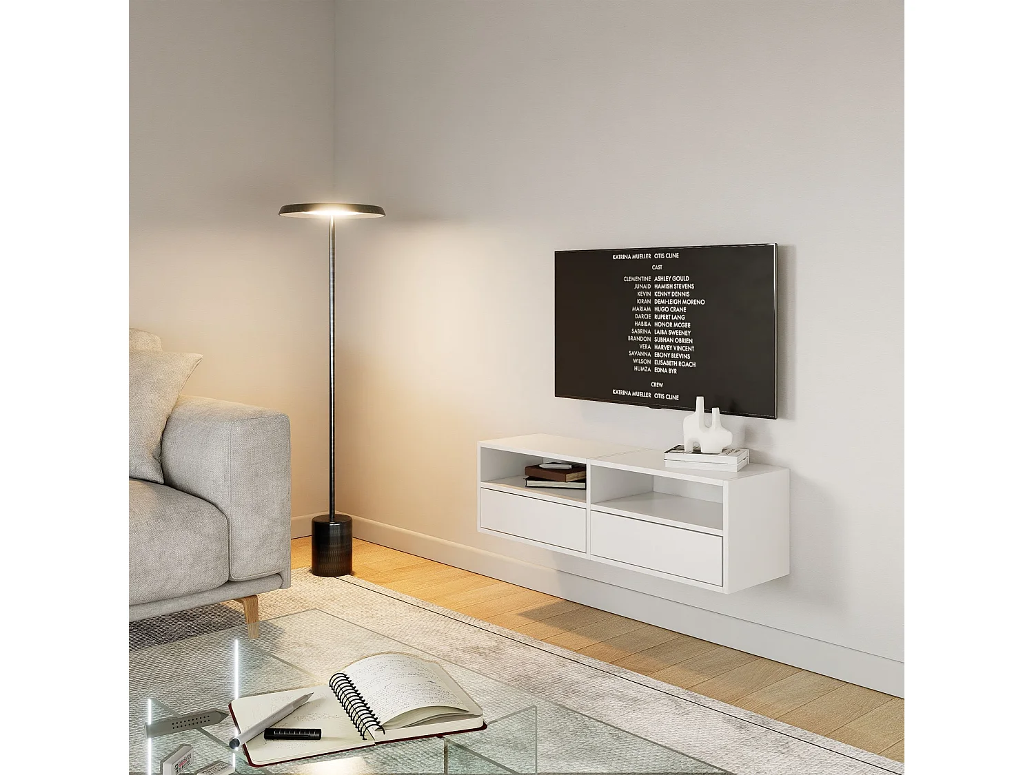 Meuble TV avec 2 abattants et étagères – blanc – 100 cm – FRAMME