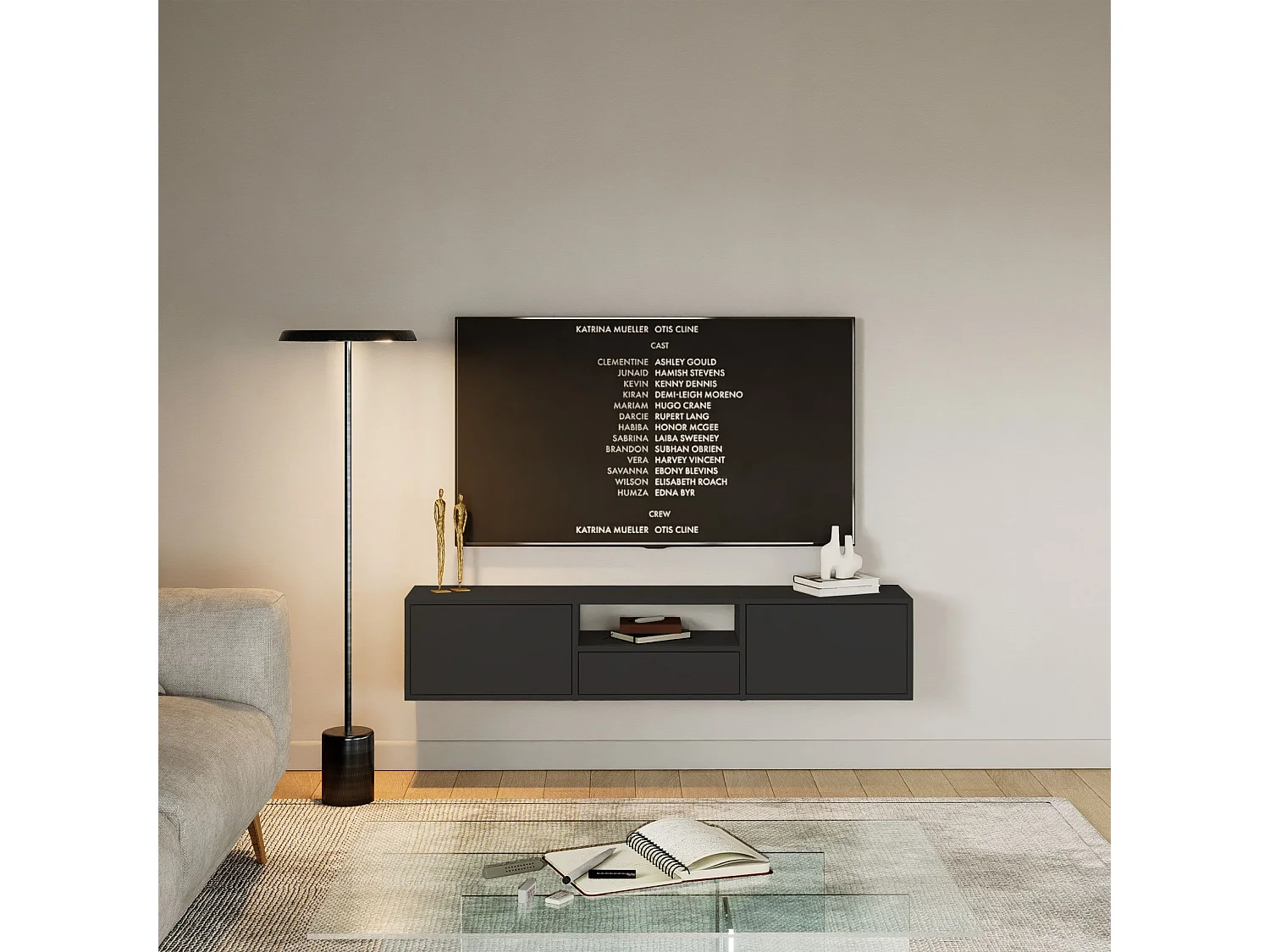 Meuble TV avec 3 abattants et une étagère – noir – 150 cm – FRAMME