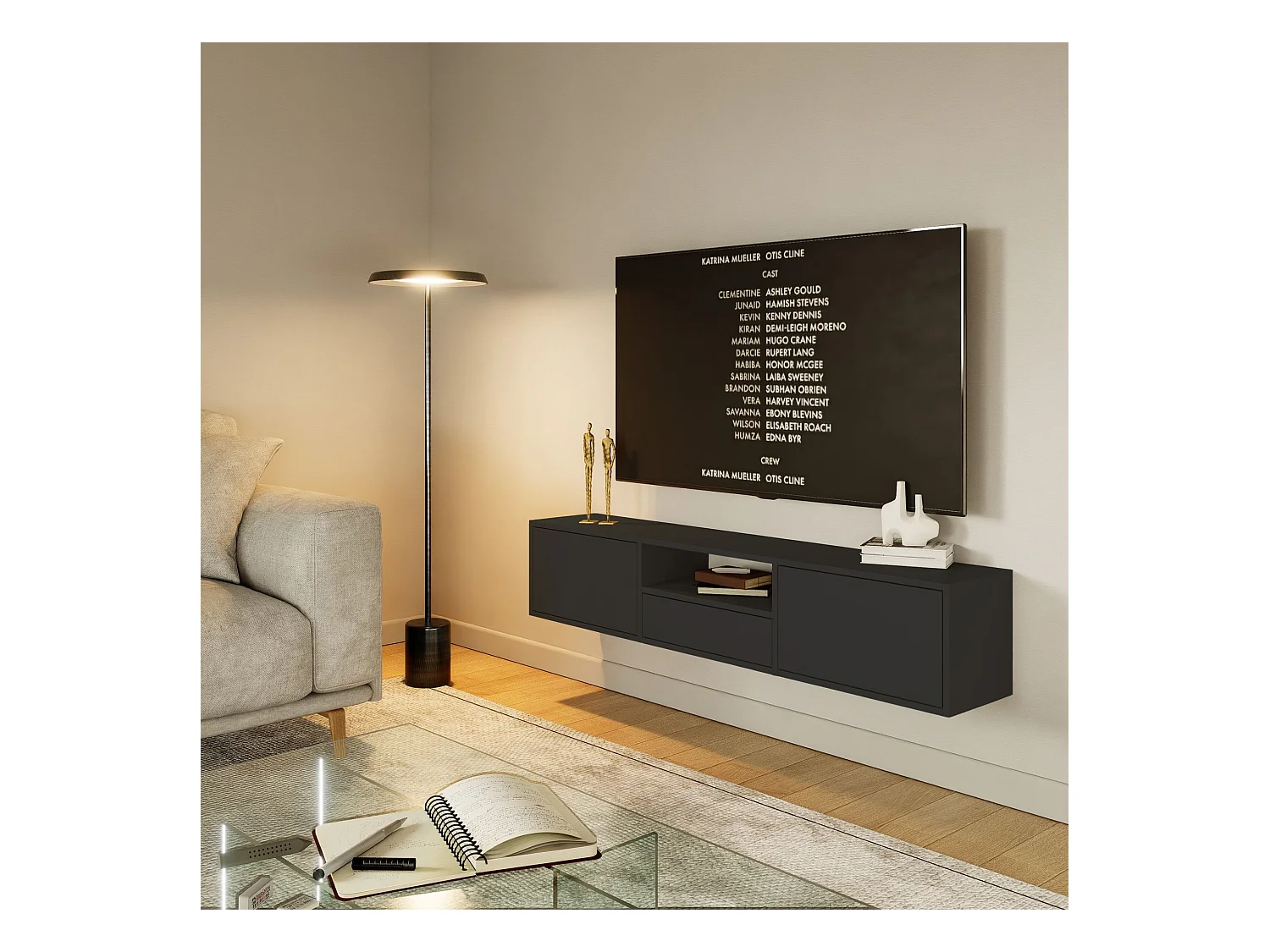 Meuble TV avec 3 abattants et une étagère – noir – 150 cm – FRAMME