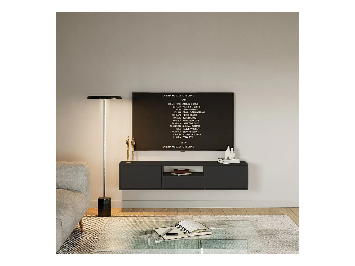 Mueble de TV con 3 puertas y un estante – negro – 150 cm – FRAMME