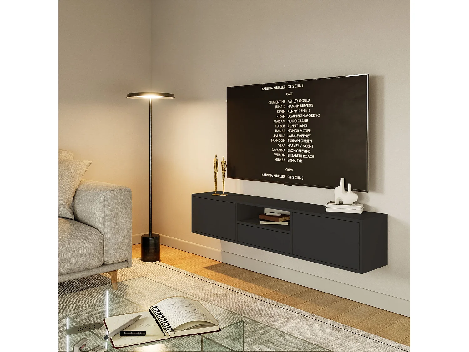 Meuble TV avec 3 abattants et une étagère – noir – 150 cm – FRAMME