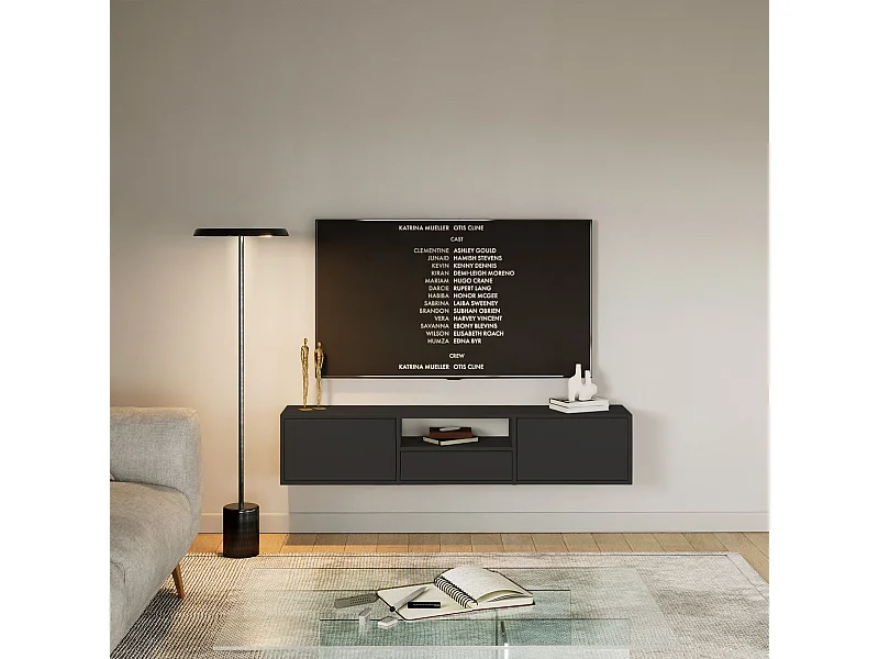 Meuble TV avec 3 abattants et une étagère – noir – 150 cm – FRAMME