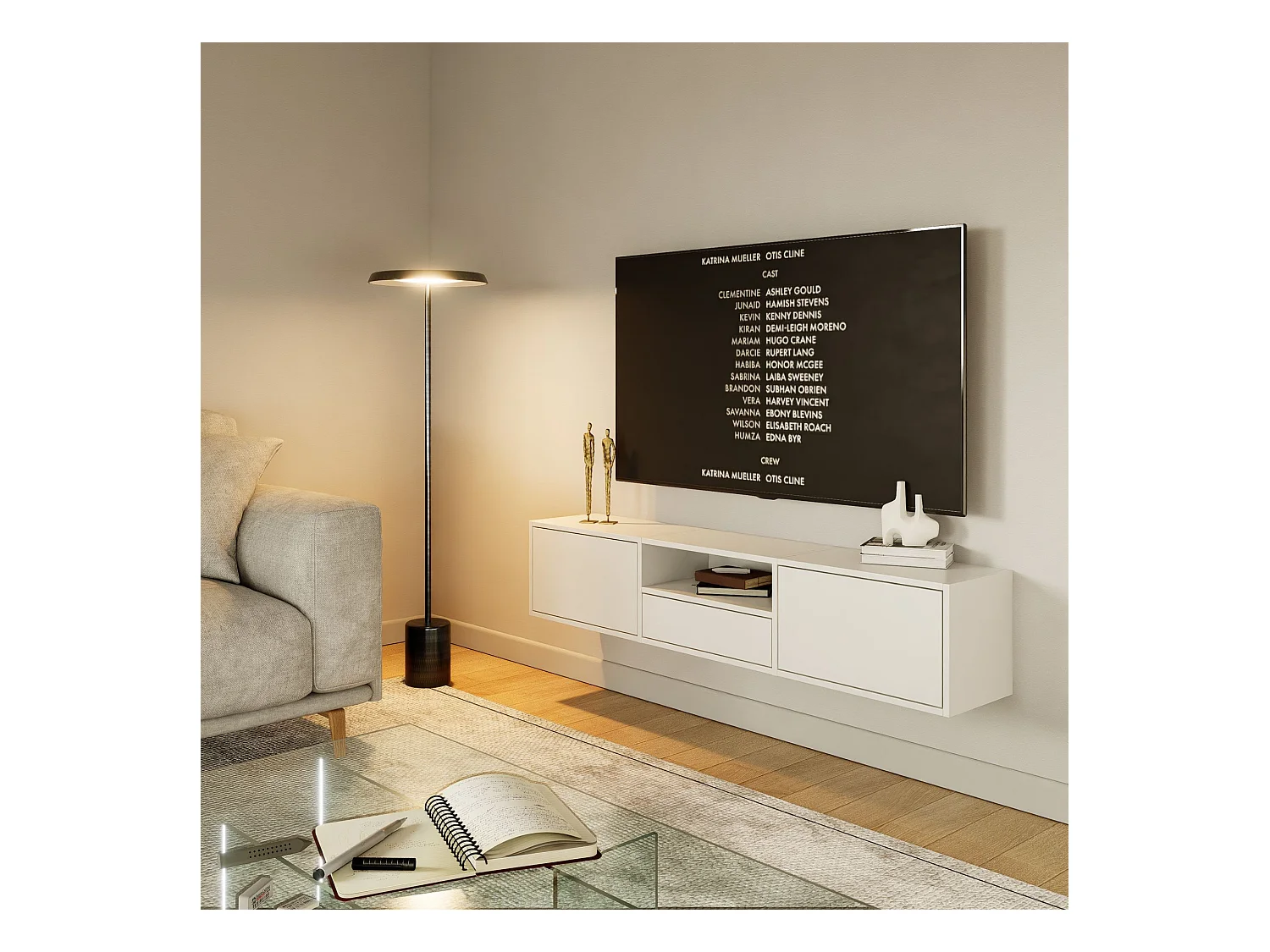 Meuble TV avec 3 abattants et une étagère – blanc – 150 cm – FRAMME