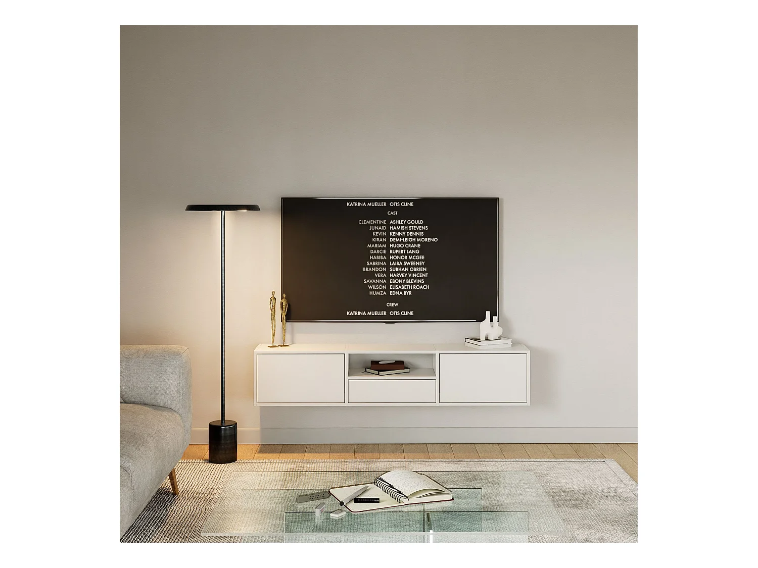 Mueble de TV con 3 puertas y un estante – blanco – 150 cm – FRAMME