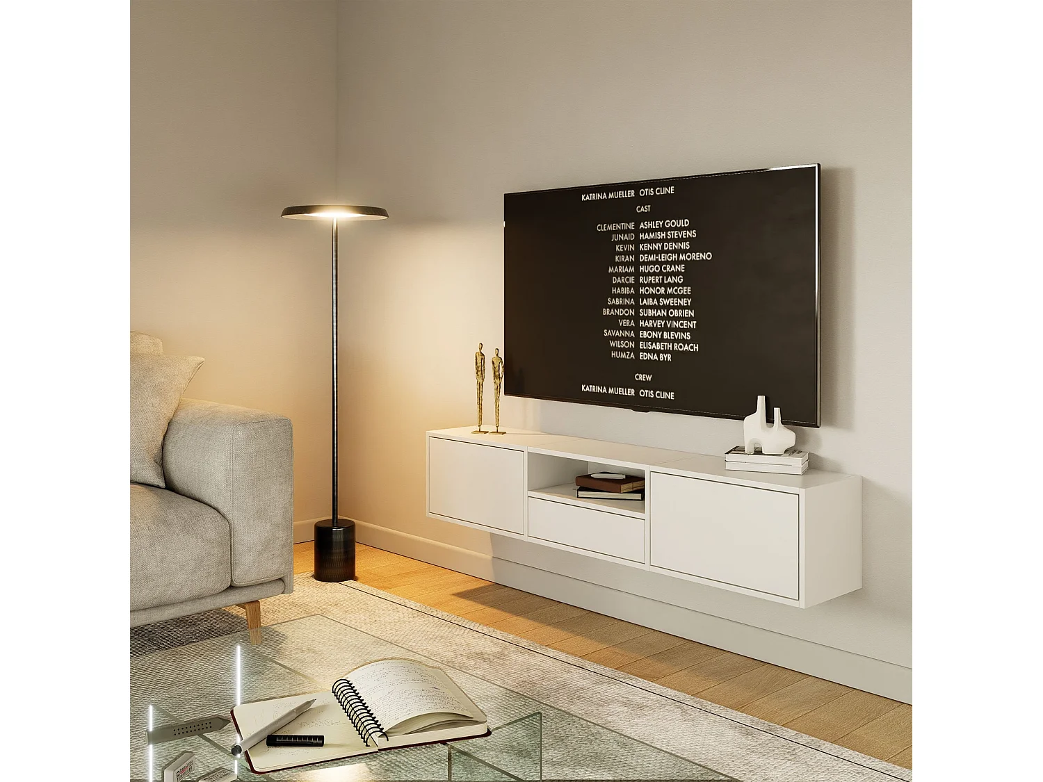 Meuble TV avec 3 abattants et une étagère – blanc – 150 cm – FRAMME