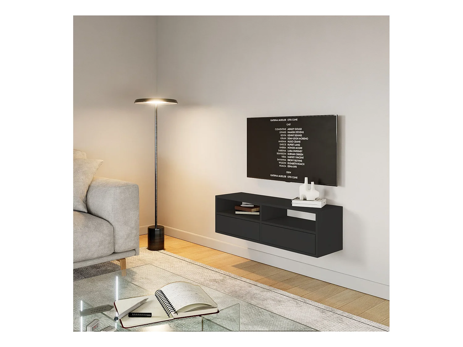 Mobile TV con 2 ante e ripiani – nero – 100 cm – FRAMME